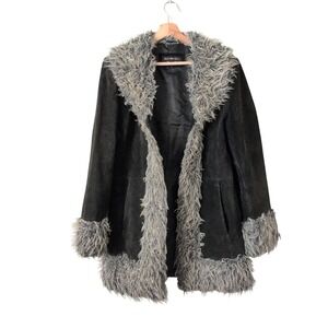 Vintage y2K BKE Diva Faux Fur Trim Suede Leather Jacket L Gray Penny Lane Coat